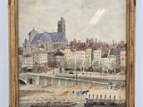 painting of a view of a city with a river and a bridge