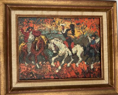peinture d'un groupe d'hommes à cheval dans un champ