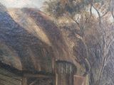 a painting of a horse and a cow standing in front of a barn