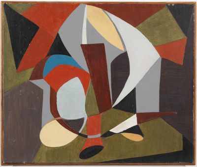 an abstract painting of a man with a knife and a red hat