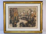 tableau représentant une scène de rue avec une foule et une horloge