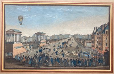 un vieux tableau représentant une foule dans une rue de la ville