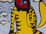 a painting of a cat with a red nose on it ' s face