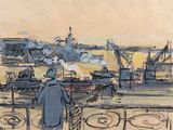 dessin représentant un homme debout devant un port rempli de bateaux