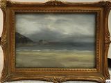 an oil painting of a beach scene with a lighthouse in the distance