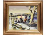 une peinture à l'huile représentant un groupe de personnes sur une plage