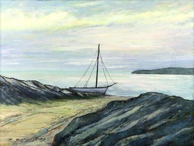 un tableau représentant un voilier au bord de l'océan