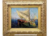 une peinture à l'huile représentant un voilier en mer, avec un autre voilier au premier plan