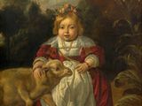 painting of a young girl with a dog in a wooded setting