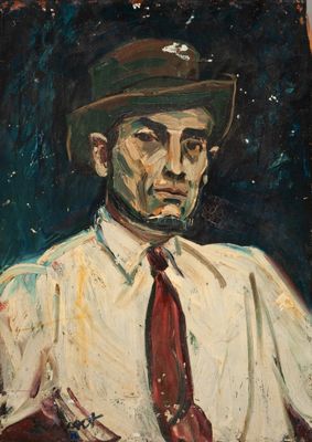 painting of a man in a white shirt and red tie