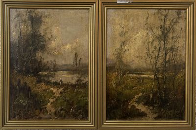 two paintings of a landscape with trees and a river in the distance