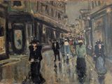 tableau représentant des personnes marchant dans une rue de la ville sous la pluie