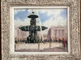 une peinture à l'huile représentant une fontaine devant un bâtiment