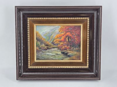 a painting of a river with a bridge in the middle