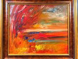 une peinture à l'huile représentant un coucher de soleil avec un arbre au premier plan