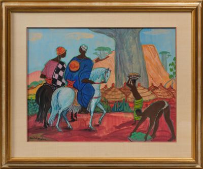 tableau représentant trois hommes à cheval dans un décor désertique