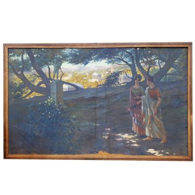 tableau représentant une femme et un homme se promenant dans un bois