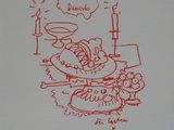 un dessin représentant un homme assis à une table devant une assiette de nourriture