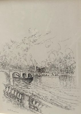 drawing of a boat on a river with a bridge in the background