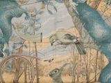 a blue scarf with a picture of rabbits and birds on it
