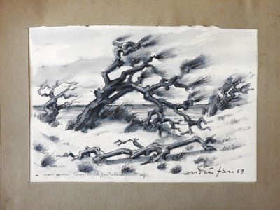 painting of a black and white picture of a tree in a field
