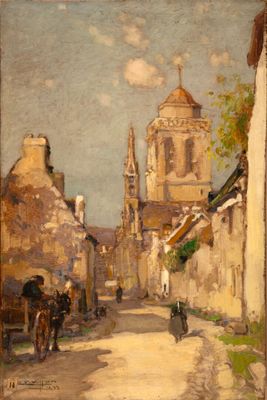 painting of a street scene with a horse drawn carriage and a church in the background