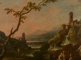 painting of a river scene with a castle in the background
