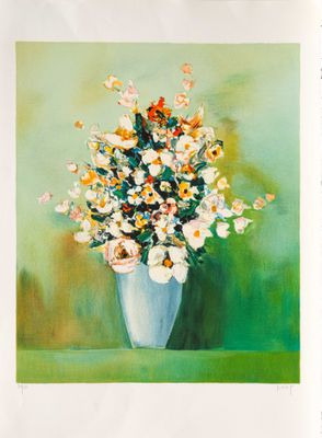 une peinture de fleurs dans un vase sur une table