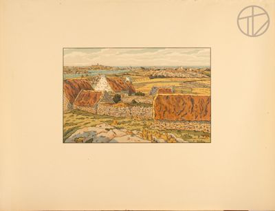 an old picture of a painting of a farm with a fire in the distance