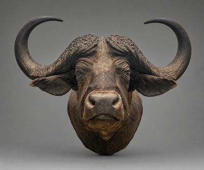 sculpture représentant une tête de bison avec des cornes sur fond gris