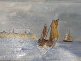 a painting of a boat in the water with other boats in the background