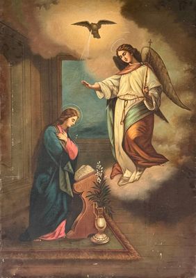 une image représentant un tableau où l'on voit un ange et une femme à genoux
