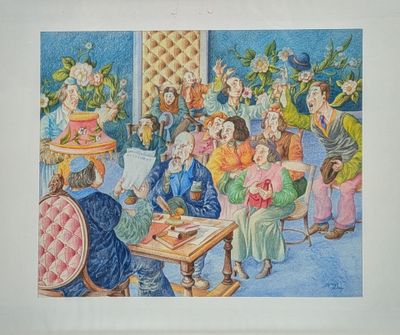 une peinture représentant un groupe de personnes assises autour d'une table