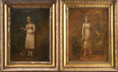 two paintings of a woman and a child in a gold frame
