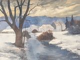 painting of a winter scene with a stream running through a snow covered field
