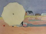 a painting of a person laying on the beach with an umbrella