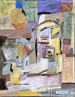 painting of a man standing in front of a painting of a building