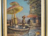 a painting of a dog sitting in a boat with an umbrella