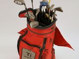 a red bag with golf clubs in it on a white surface