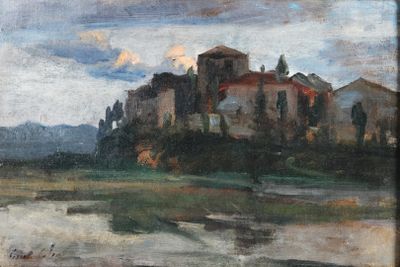 une peinture à l'huile représentant un grand bâtiment près d'un plan d'eau