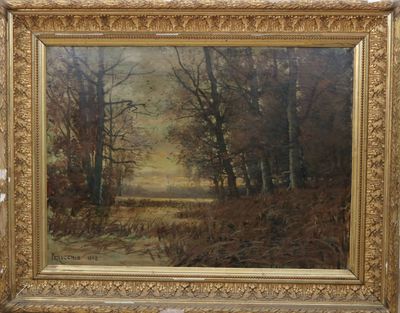 une peinture à l'huile représentant un paysage boisé avec des arbres et une rivière