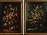 two paintings of flowers in a vase on a table next to each other