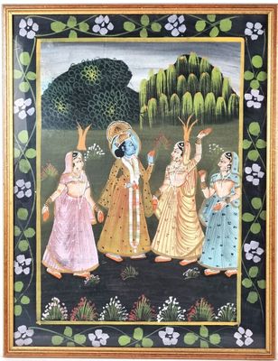 a painting of a group of women dancing in a garden