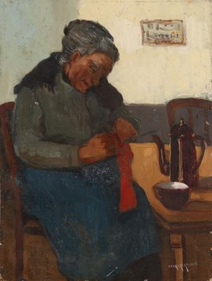tableau représentant une vieille femme assise à une table, portant un foulard rouge