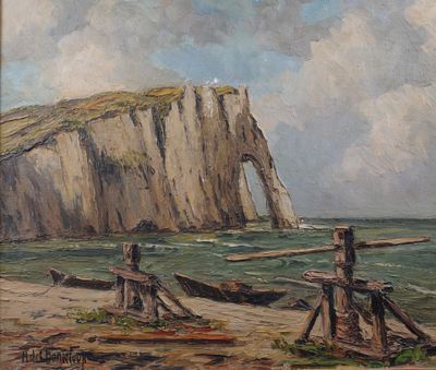 une peinture représentant un bateau sur la plage, près d'une falaise