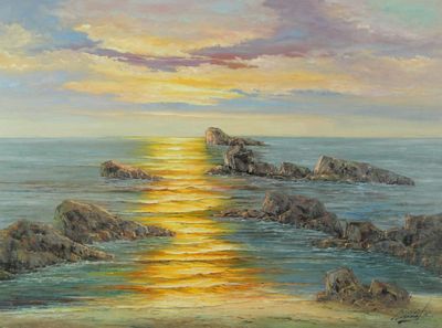 Ecole du XXe. Couché de soleil. Huile sur toile. Signée en b…