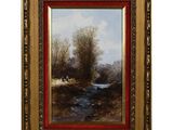 un tableau représentant un ruisseau dans un paysage boisé