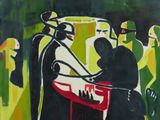 a painting of a motorcycle with people standing around it