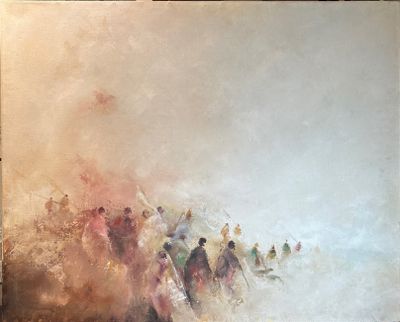 une peinture à l'huile représentant un groupe de personnes à cheval dans un champ
