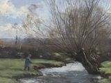 a painting of a man standing in a field next to a stream